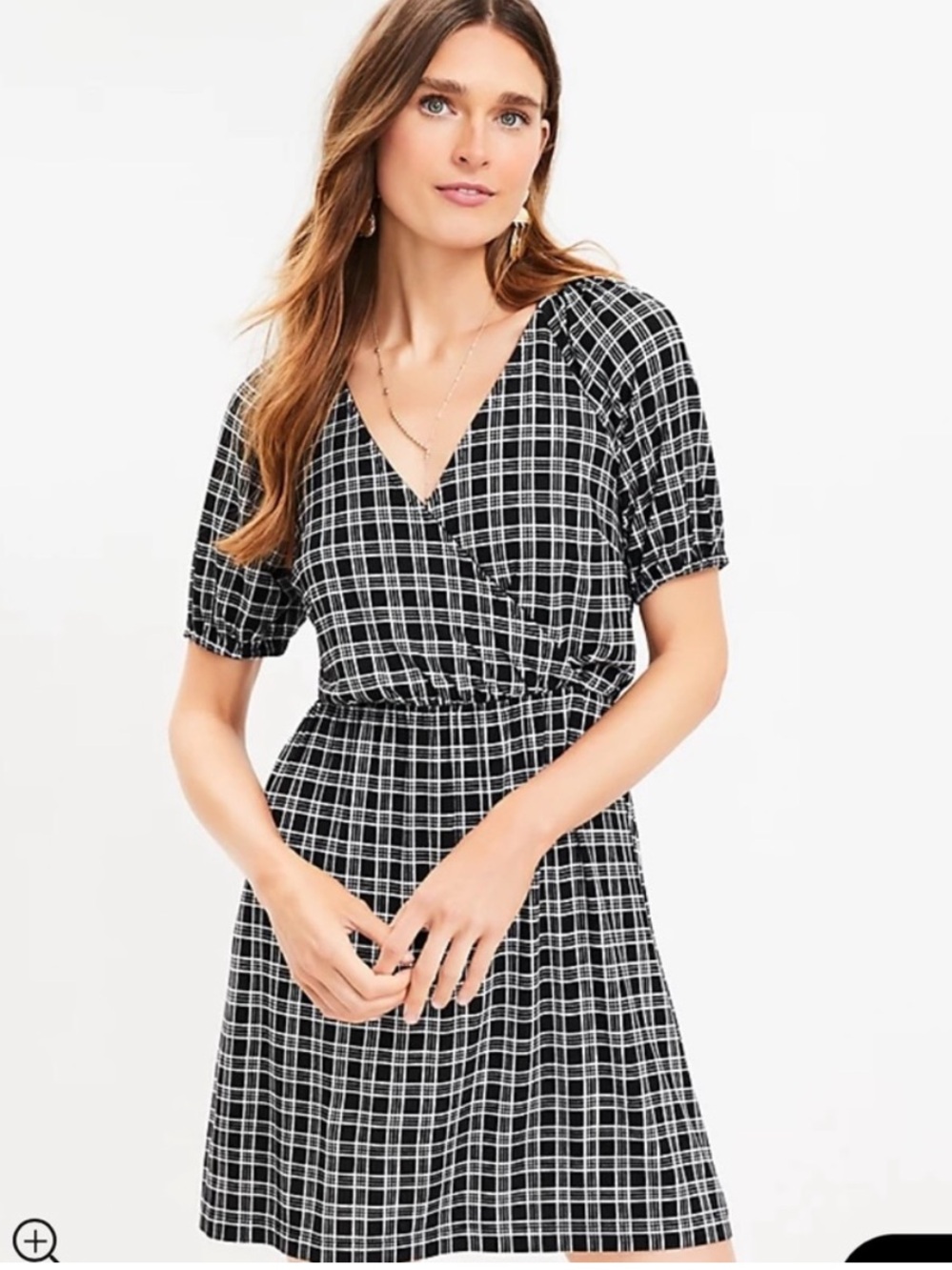 LOFT Black and White Checked V-Neck Mini Dress